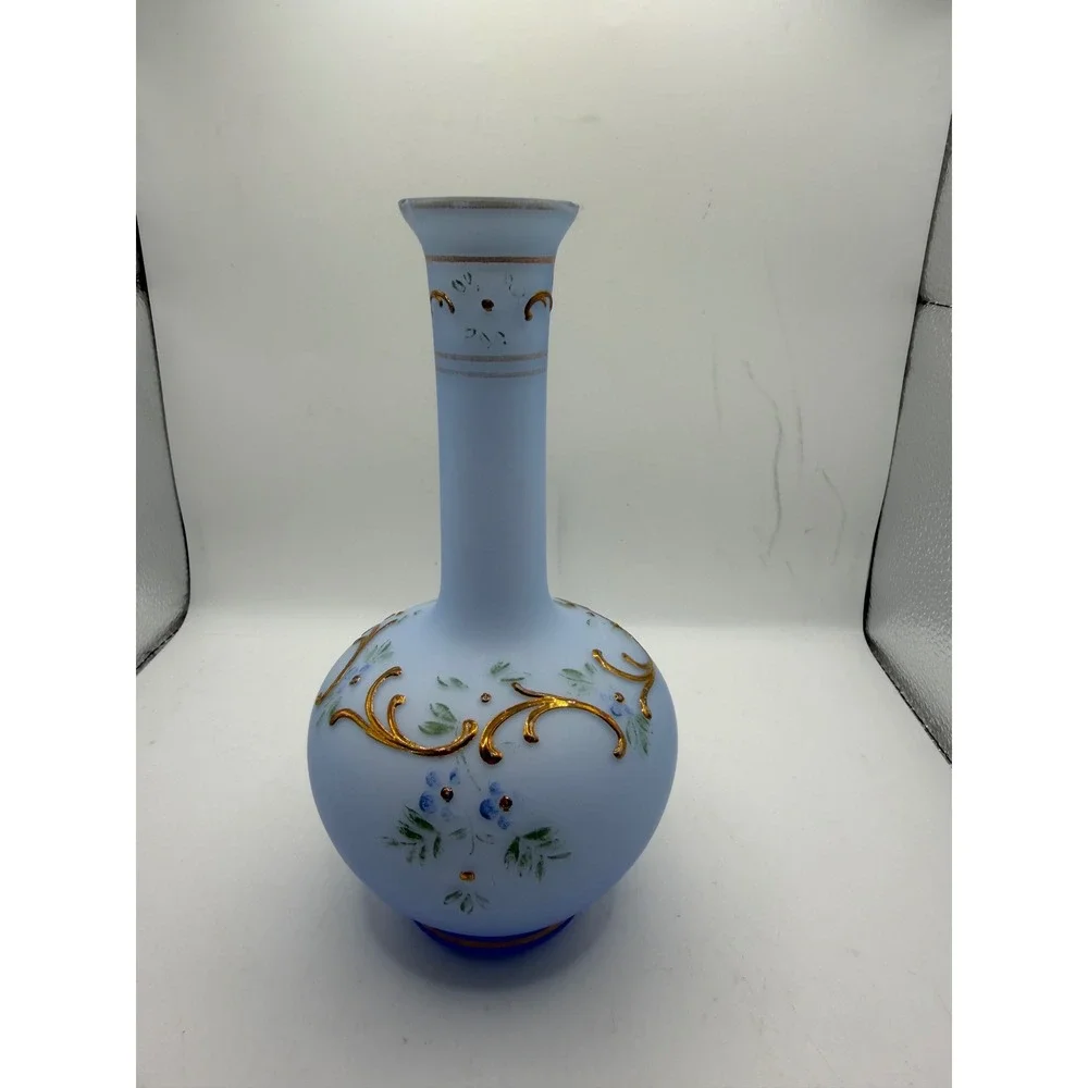 Vintage Light Blue Satin Frosted Glass Bud Vase‎ Hand Painted Gold Gilt 8 Inch